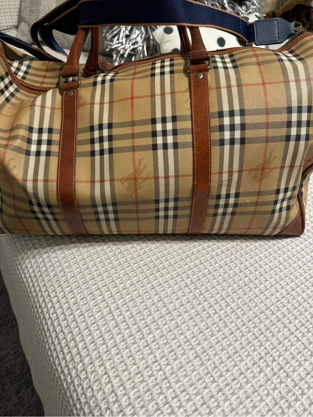 Burberry’s VintagePlaid Travel Duffel Bag with Leather Trim COA Included